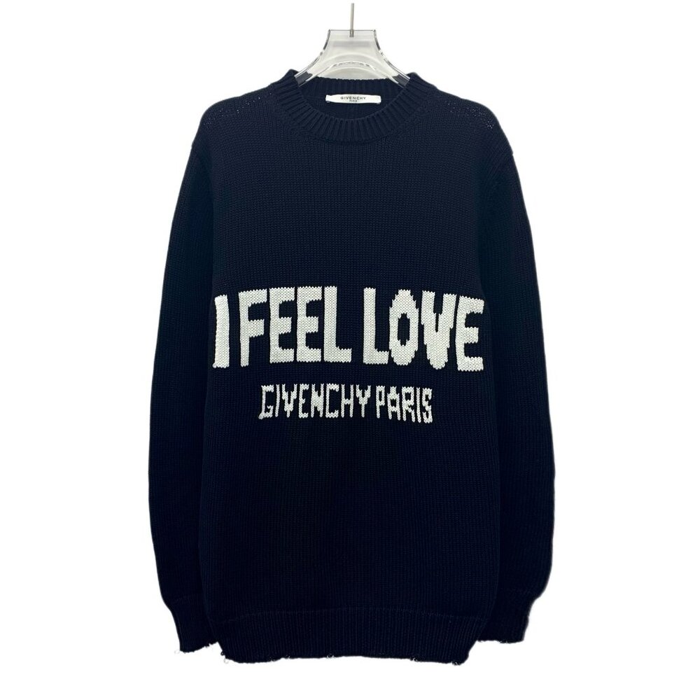 Givenchy Black "I Feel Love" Knit Cotton Sweater Round-Neck Long-Sleeve Made In